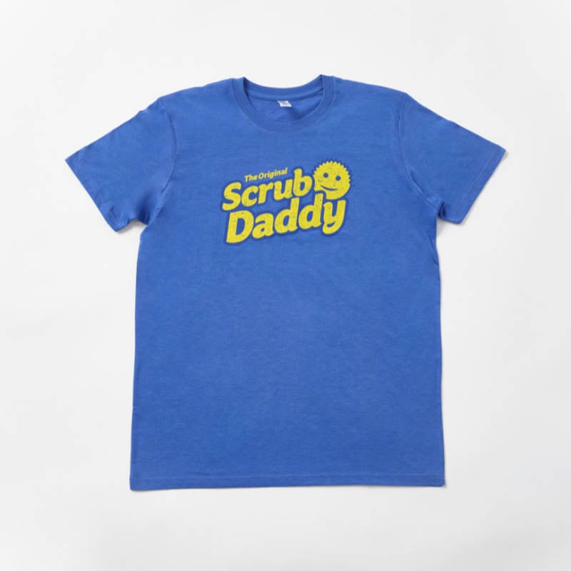 Front of Scrub Daddy blue t-shirt